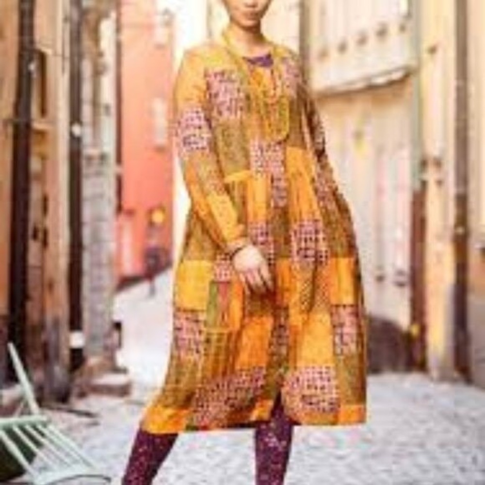 Gudrun Sjodan linen dress patchwork print button front long sleeve women's small